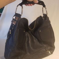 Black Leather With Gold Embellishments. Interior Has An Interior Zipper Pocket. Perfect Size To Carry All The Extras. I Love This Funky Fashionable Purse! Gold Embellishment, Purse Styles, Cute Bags, Makeup And Hair, Balenciaga City Bag, Rebecca Minkoff Hobo, Hidden Gems, Rebecca Minkoff, Dream Wardrobe