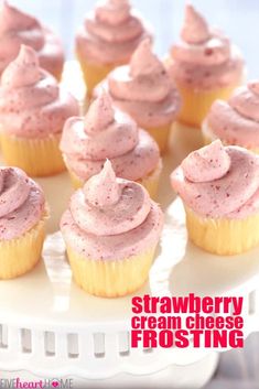 strawberry cream cheese frosting on top of cupcakes with the title overlay