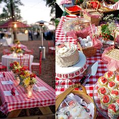 an outdoor picnic setting with red and white gingham tablecloths, food