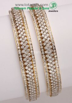 18 Karat Gold Diamond Bangles - Set of 2 (1 Pair)      - 235-DBL120 - in 79.000 Grams for USD $16853.39.  Made in India by Totaram Jewelers Online this product is in Gold - 18 Karat Gold  & is an excellent gift for Adult - Women. Ships fully insured with secured guaranteed delivery for free with your order over $250 from New Jersey USA & comes with 30 days exchange policy. Gold Diamond Bangles, Bangles Diamond, Indian Gold Jewellery Design, Indian Diamond Jewellery, Jewelry Advice, Precious Gemstones Jewelry, Diamond Bangles Bracelet, Bangles Jewelry Designs