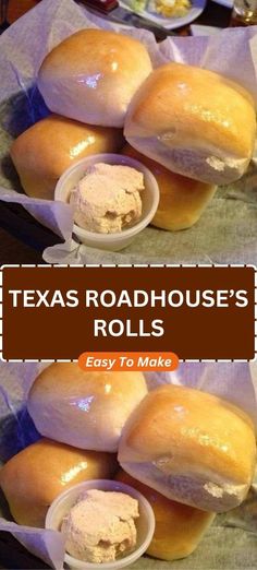 two pictures of rolls with honey cinnamon butter in them and the words texas roadhouse's rolls with honey cinnamon butter