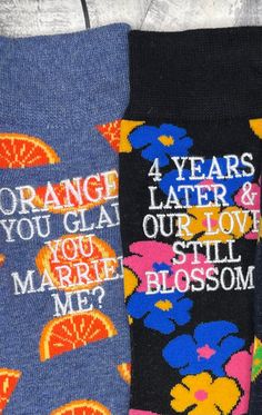 "Thank you so much! Welcome to the CRAFTY MOMMA COMPANY where we specialize in Personalized EMBROIDERED Socks for Special Soles! This listing is for 2 pair of socks to fulfill the 4th anniversary traditional gift of Fruit and Flowers The Orange socks will automatically come with the phrase \"Orange you glad you married me?\" And will be customized with your names and wedding date that you can leave in the personalization box. The flower socks will come with the phrase shown in the listing or wit 4th Anniversary Gifts, Orange Socks, Embroidered Socks, Flower Socks, Fruit Gifts, Mens Dress Socks, Social Circle, 4th Anniversary, Orange You Glad