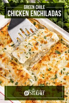 green chile chicken enchiladas in a casserole dish with a spatula