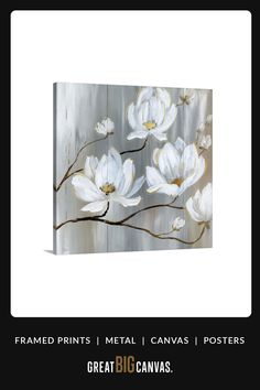 white flowers are painted on a wood paneled wall with the words, framed prints metal canvas