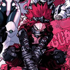 an anime character with red hair and black armor sitting in front of several other characters