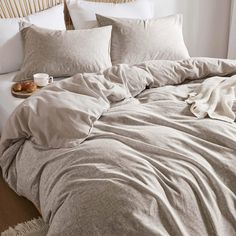 PRICES MAY VARY. Luxurious Linen-Cotton Blend - Crafted with 55% French linen and 45% cotton, this duvet cover set offers the perfect balance of breathability and softness, ensuring a cool sleep during summer and warm comfort in winter. Timeless Design Choices - Elevate your bedroom decor with a minimalist aesthetic. The natural linen texture and understated design blend effortlessly with modern, farmhouse, or classic interiors, creating a serene and inviting atmosphere. Natural & Organic - Designed with eco-conscious households in mind, this duvet cover set features French linen and organic-inspired cotton. It offers a safe and sustainable choice for your family while bringing a touch of nature into your home. Ideal Gift – Featuring premium materials and an elegant design, this duvet cove White Duvet With Colored Sheets, Beige Duvet Cover Bedroom, Japandi Bedding, Modern Farmhouse Bedding Ideas, Neutral Bedding With Pop Of Color, Linen Bedding Styling Color Schemes, Gray Comforter Bedroom, Bed Duvet Covers Ideas, Bed Comforter Sets Aesthetic