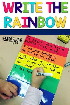 a person writing on a rainbow colored piece of paper with the words write the rainbow