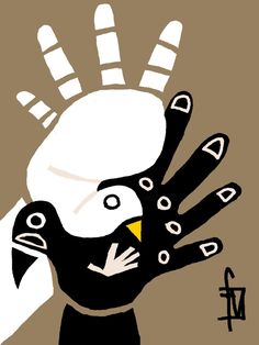 a drawing of a hand with a bird on it's face and hands in the air