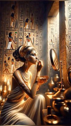 an egyptian woman is looking at her reflection in the mirror