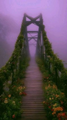 a bridge with flowers growing on it and fog in the sky behind it, as seen from below