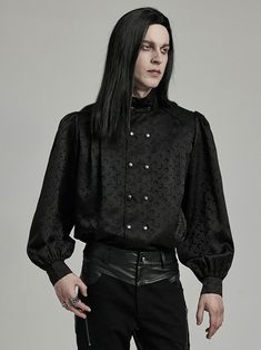 1. Made of non-stretch woven jacquard fabric with a unique moon pattern.  2. Elegant double breasted design, noble court Gothic style.  3. Gentleman lantern sleeve design.  4. Fit shirt design.  The price is for a top only, others are not included.   	 		 			Garment Size 			S 			M 			L 			XL 			2XL 			3XL 			4XL 			5XL 		 		 			Full Length 			74 			75 			76 			77 			78 			79 			80 			81 		 		 			Bust 			111 			116 			121 			126 			131 			136 			141 			146 		 		 			Waist 			105 			110 			115 			120 			125 			130 			135 			140 		 		 			Shoulders 			40.5 			42 			43.5 			45 			46.5 			48 			49.5 			51 		 		 			Sleeve Length 			70 			71 			72 			73 			74 			74 			75 			75 		 		 			Cuff 			25 			26 			27 			28 			29 			30 			31 			32 		 		 			Hem 			109 			114 			119 			124 			129 			134 			139 Gothic Shirt Men, Men’s Blouse, Gothic Fashion Male, Male Whimsigoth, Vampirecore Fashion, 80s Goth Men, Bat Jacket