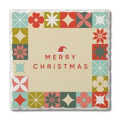 a merry christmas card with stars and flowers