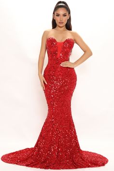 Available In Silver And Red. Sequin Maxi Dress With Train Strapless Padded Bust Mesh Cut Out Hidden Back Zipper Fully Lined Stretch Self: 100% Polyester Lining: 100% Polyester Imprted | The Most Wanted Sequin Gown Dress in Red size 2X by Fashion Nova Bling Prom Dresses, Formal Dresses Mermaid, Fashion Week Dresses, Leather Midi Dress, Dress With Train, Burgundy Midi Dress, Burgundy Fashion, Sequence Dress, Sequin Maxi