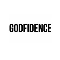 the word godfidence in black and white on a white background with an arrow