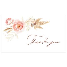 a thank card with pink flowers and leaves