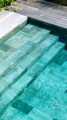 an empty swimming pool with steps leading up to the water's edge and plants in the background