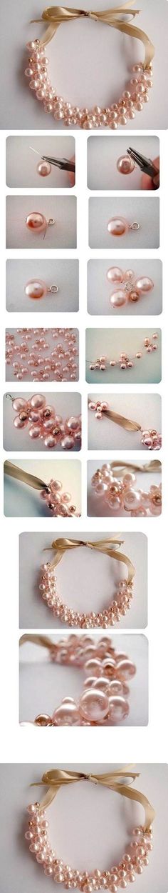 the steps to make a pearl necklace with pearls and gold ribbon on it's side