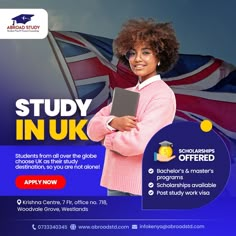 a woman holding a book in front of a british flag with the words study in uk on it