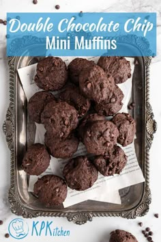 double chocolate chip mini muffins in a silver tray