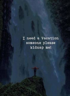 a person standing on top of a cliff next to a waterfall with the words i need a vacation someone please kidney me