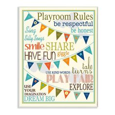 a poster with words on it that say playroom rules be respectful, smile share have fun