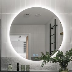 a bathroom with a round mirror above the sink and green plants in front of it