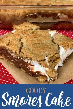 gooey s'mores cake recipe with text overlay