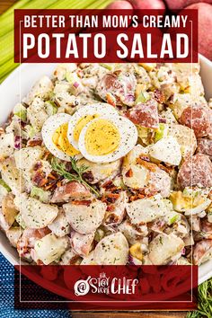 potato salad with an egg on top in a bowl