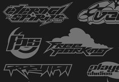 six different types of graffiti stickers on a black background, each with the same type of lettering