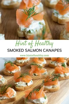 smoked salmon canapes with cream cheese and dill sprigs on top are the perfect appetizer for any party