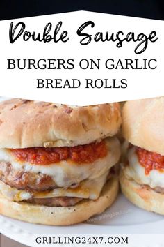 two burgers on garlic bread rolls with text overlay that reads double sausage burgers on garlic bread rolls