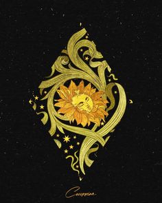 a drawing of a sunflower with swirls and stars in the center on a black background