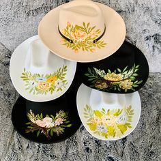 Wide Brim Floral Hat, hand painted with premium paints These one of a kind hand painted hats would make a perfect addition to your outfit for summer, fall, spring, baby shower, photoshoots,  etc. They will also make a great homestead gift. HAT SIZING: One size Circumference is 19 to 22 inches  Brim is 3.5 inches wide  HAT CARE INSTRUCTIONS: The hats are hand painted by me  Gently spot clean your hat with a damp cloth, and let it air dry. Spring Sun Hat With Curved Brim As Gift, Spring Sun Hat With Curved Brim, Spring Gift Sun Hat With Curved Brim, Handmade White Hat Band For Spring, Handmade White Hat Bands For Spring, Handmade White Fedora For Spring, Artisan Hand Painted Brimmed Sun Hat, Artisan Hat For Spring, Wide Brim Hats As Spring Gifts