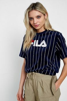 FILA Velour Pinstriped Logo T-Shirt Fila Clothes, Fila Outfit, Vest Outfits For Women, Fila Logo, Looks Pinterest, Gingham Skirt, Streetwear Mode, Women Skirts, Vest Outfits