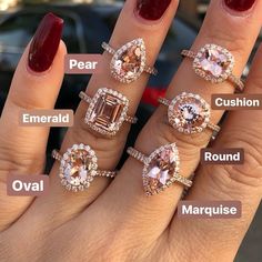 a woman's hand with five different rings on it and the names of each ring