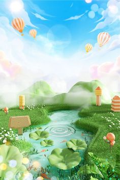 an illustration of a pond with lily pads and hot air balloons in the sky