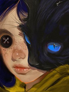 a painting of a girl with blue eyes and black cat's eyeballs on her face