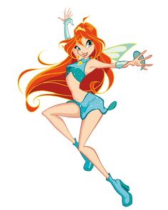 a cartoon character flying through the air with her arms outstretched and legs spread out,