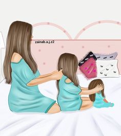 a mother and her daughter are sitting on the bed in front of a pink wall