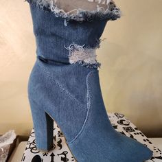 Super Cute "Ripped Jean" Denim Heeled Ankle Boots Trendy Denim Blue Round Toe Boots, Spring Denim Blue Denim Boots, Trendy High Ankle Denim Boots, Casual High Heel Denim Boots, Casual Denim High Heel Boots, Dark Wash Denim Boots With Round Toe, Casual High Ankle Denim Boots, Denim Ankle Boots For Fall, Casual Denim Blue Pointed Toe Boots