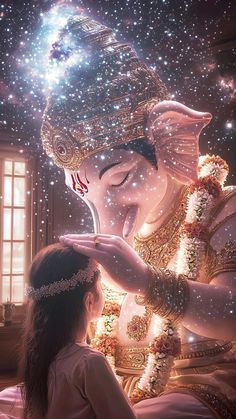 a woman is touching the head of an idol in front of a window with stars on it