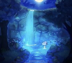 a cartoon scene with a waterfall and a person standing in the water at night under a full moon