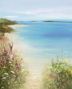 an oil painting of a path leading to the ocean with wildflowers on either side