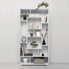 a white book shelf with plants and pictures on the top, in an empty room