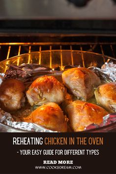 chicken in the oven with text reading reheating chicken in the oven your easy guide for different types