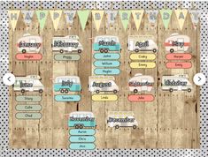 a wooden board with cars and bunting on it