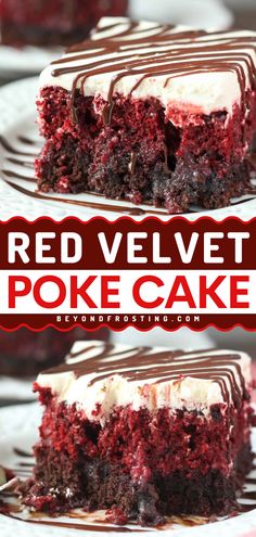 Want more yummy cake recipes? Here's the BEST Red Velvet Poke Cake! Combined with the goodness of a fudgy brownie plus a cream cheese frosting and hot fudge, this red velvet cake is a simple dessert you'll crave again and again! Cream Cheese Syrup, Easy Red Velvet, Red Velvet Desserts, Red Velvet Brownies, Red Velvet Cake Recipe, Velvet Cake Recipes, Cream Cheese Buttercream, Slow Cooker Desserts