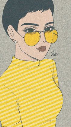 a drawing of a woman with glasses on her face and yellow striped shirt over her shoulders