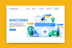 the landing page for doctors is shown with people standing around and looking at medical icons