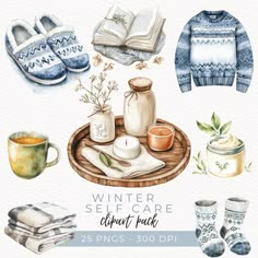 watercolor winter self - care clipart pack with shoes, mugs and books